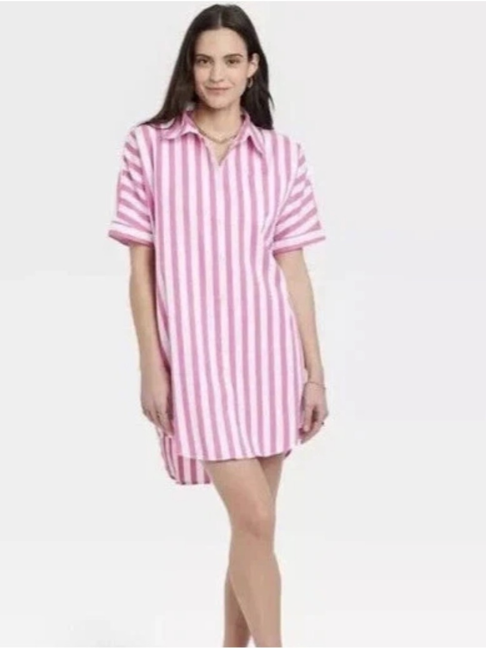 A New Day Pink and White Striped Cotton Shirt Dress